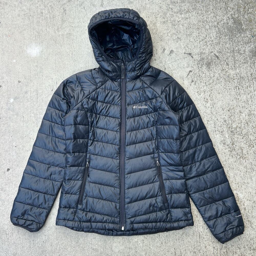 Columbia Puffer Jacket Women's Small Black Hooded 650 Turbodown Omi Heat